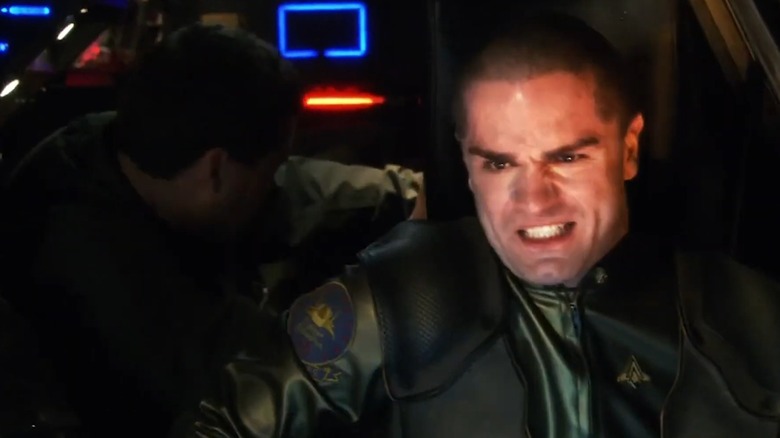 Battlestar Galactica - Crashdown piloting Raptor during crash, with Chief Tyrol looking behind himself