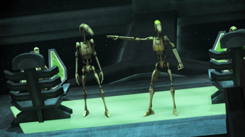 A Battle Droid pointing at another in an accusatory way in The Clone Wars