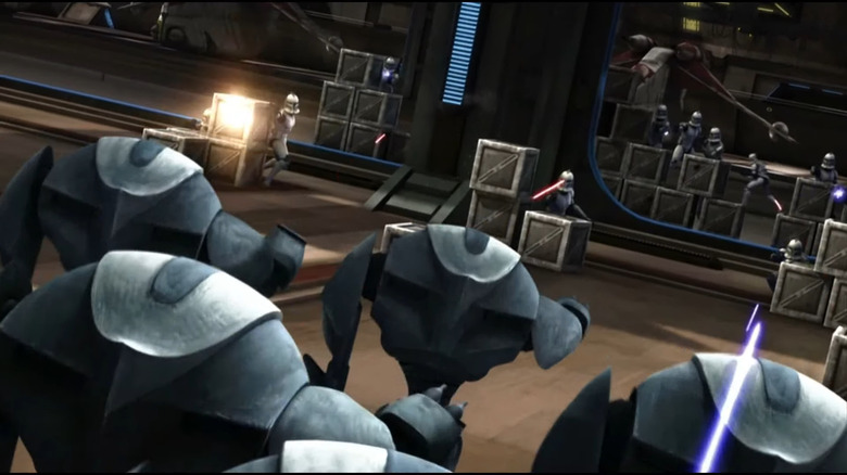 Super Battle Droids attacking clone troopers in Star Wars: The Clone Wars