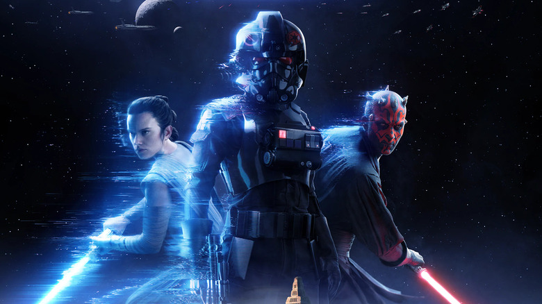 Rey, Darth Maul, and Iden Versio on the cover art for Star Wars Battlefront II