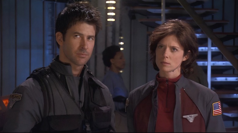 John Sheppard and Dr. Elizabeth Weir working together in Stargate Atlantis