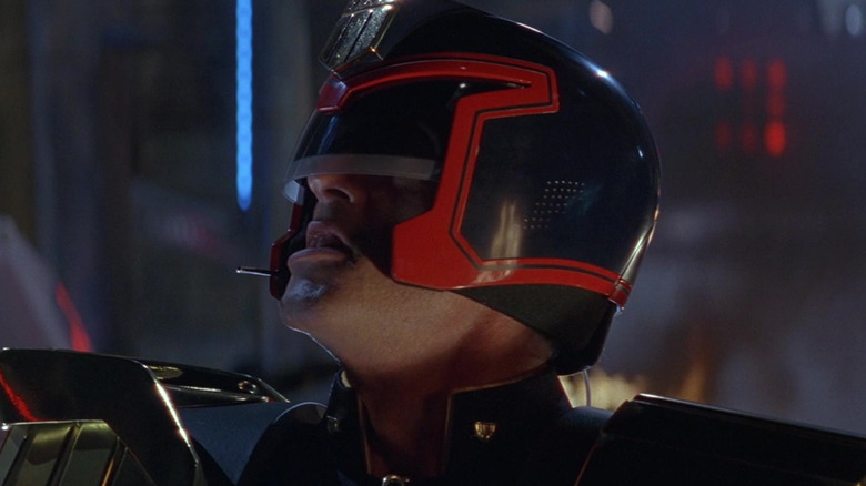 Sylvester Stallone's Judge Dredd looks up in Judge Dredd