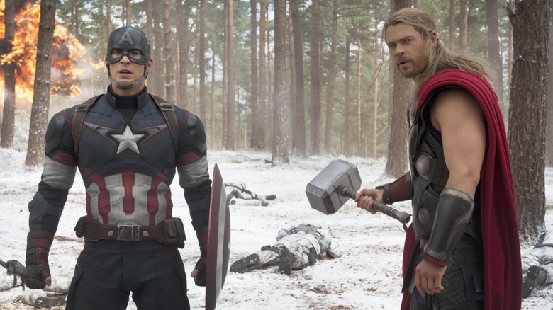 Chris Evans' Captain America and Chris Hemsworth's Thor looking surprised in Avengers: Age of Ultron