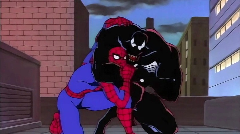Venom fighting Spider-Man on a rooftop in Spider-Man: The Animated Series