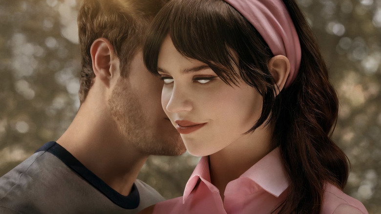 Companion poster, Josh whispering into Iris' ear as her blank white eyes show