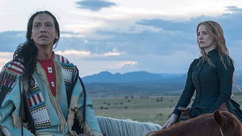Michael Greyeyes and Jessica Chastain in Woman Walks Ahead