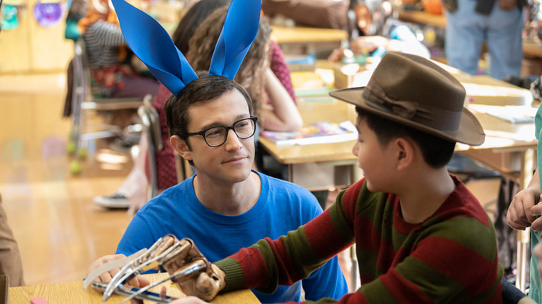 Mr. Corman wearing blue bunny earn next to a kid dressed as Freddy Krueger on Mr. Corman
