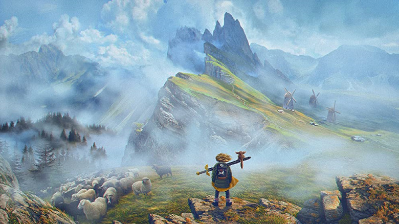 A child, armed with a sword, stands atop a rocky hillside with a small furry animal in The Legend of Ochi