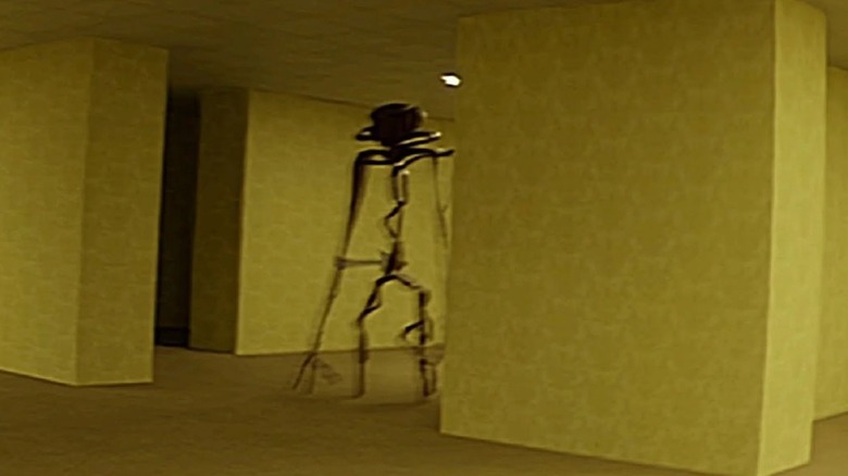 A mysterious stick-like figure standing still in Backrooms