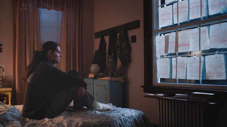 Agnes staring at her PhD review on her windows in Sorry, Baby