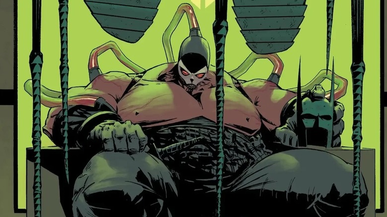Absolute Batman #11 cover, Bane sitting on throne holding Batman's mask