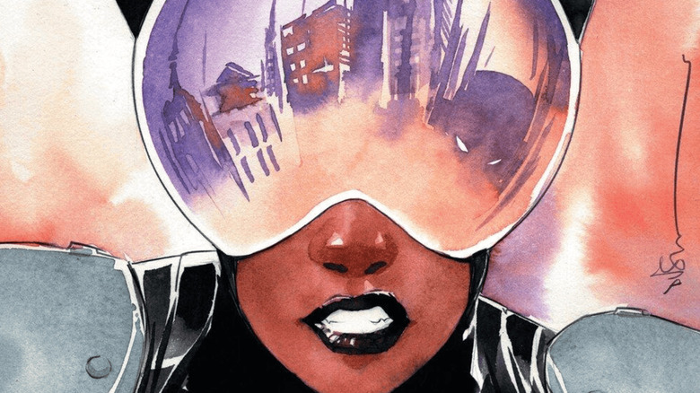 Absolute Catwoman #4 cover -- Selina Kyle with Gotham skyline and Batman reflected in her helmet