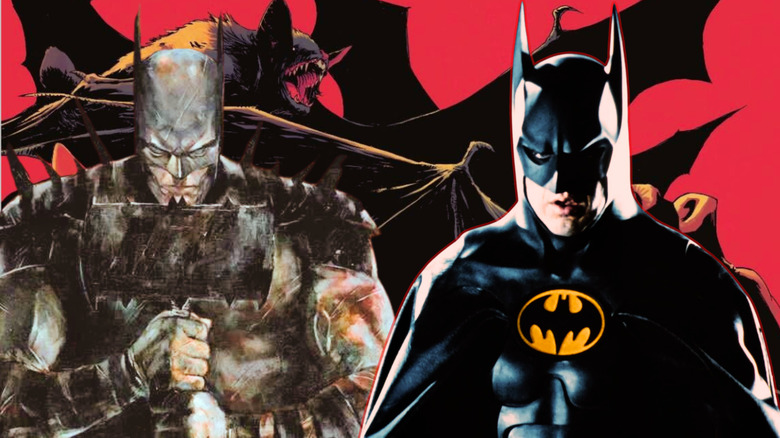 Absolute Batman and Michael Keaton Batman next to each other on background of bats swarming young Bruce Wayne in Absolute Batman