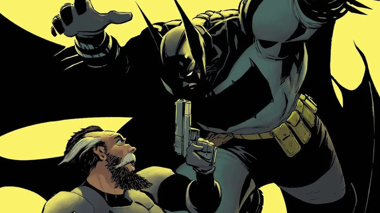 Absolute Batman #2 cover - Batman pouncing on Alfred Pennyworth, who's holding a gun to Batman