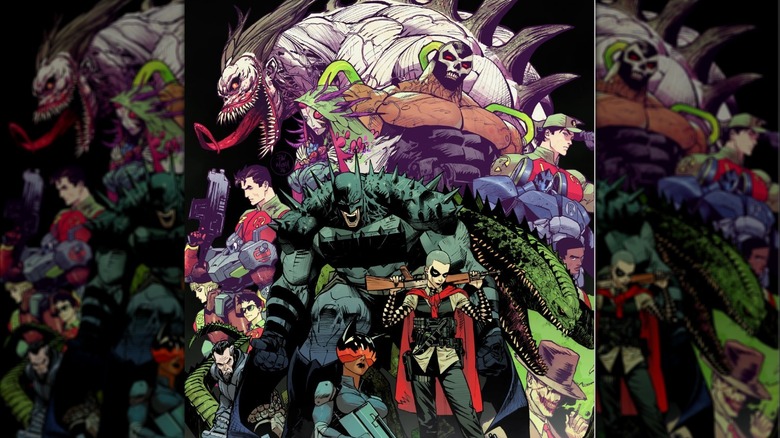 Absolute Batman #22 cover by Dan Mora - Alfred, Catwoman, Harley Quinn, Killer Croc, Scarecrow, the Robins, Batman, Poison Ivy Bane, and the Joker all posed together