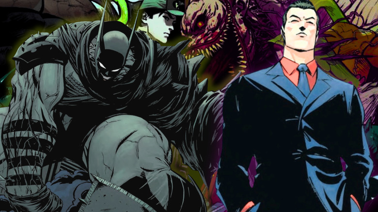 Batman and Jack Grimm in Absolute Batman #21 against the background of the cover of Absolute Batman #22