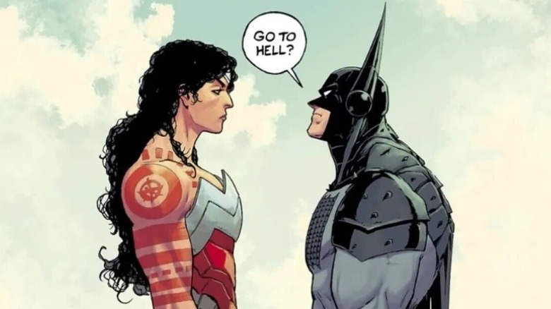 Absolute Batman #16 cover - Wonder Woman and Batman staring face to face, Batman asking "Go to Hell?"