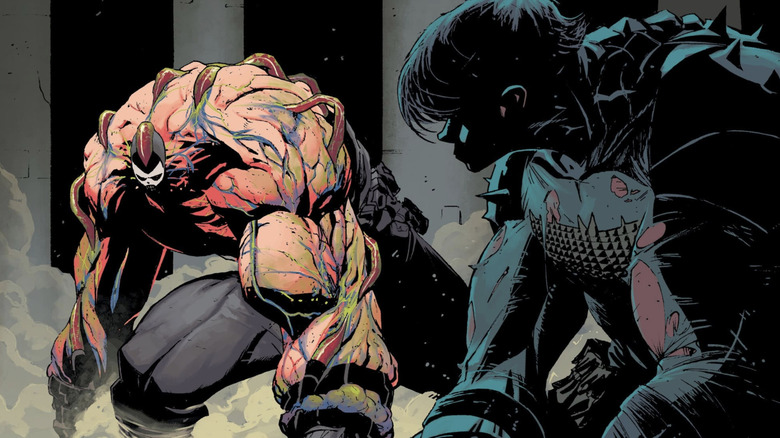 Absolute Batman #10 cover with Bane using Venom while an unmasked Batman looks on