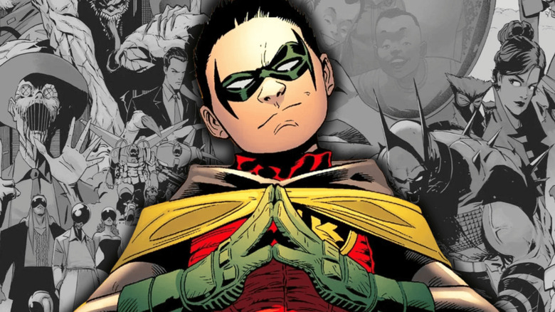Damian Wayne on background of Absolute Batman #25 cover