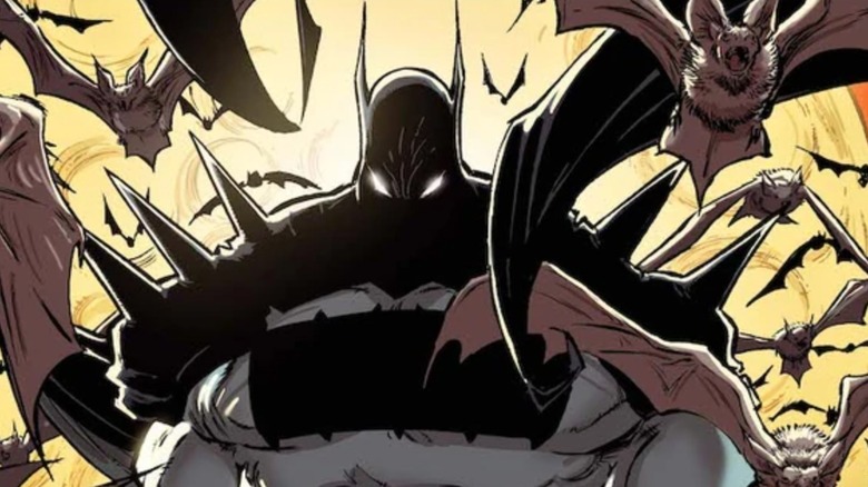 Absolute Batman #23 cover, Batman in front of the moon surrounded by bats