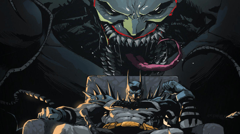 Absolute Batman #25 cover -- Batman sitting on a throne with Joker leering behind him
