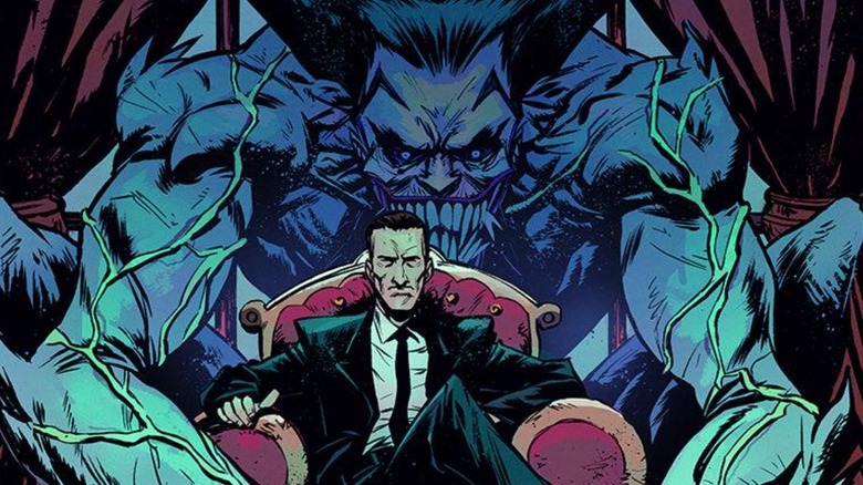 Absolute Batman #15 variant cover by Sanford Greene - Absolute Joker sitting in his human form with his monster form behind him