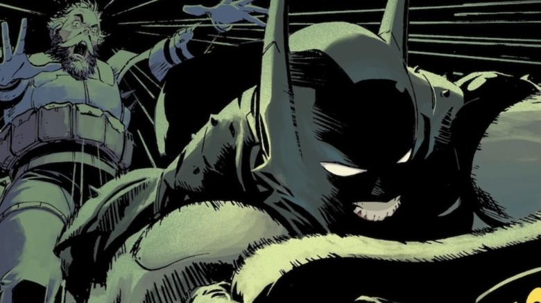 Absolute Batman - Batman driving the Batmobile as Alfred gets thrown back and screams