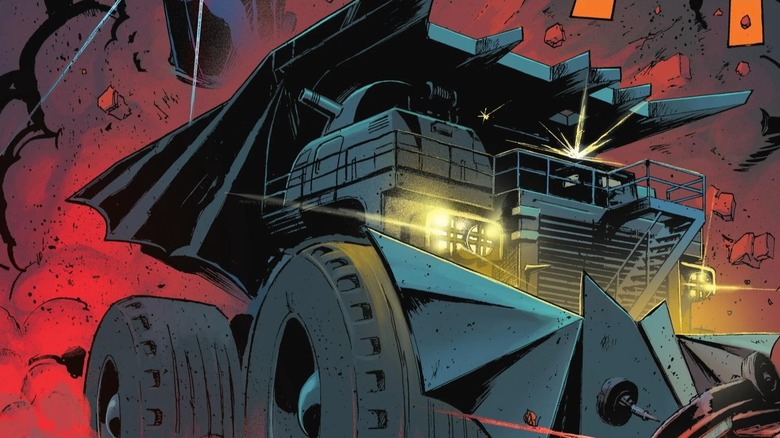 The last page of Absolute Batman #2, with the Batmobile breaking out of a building