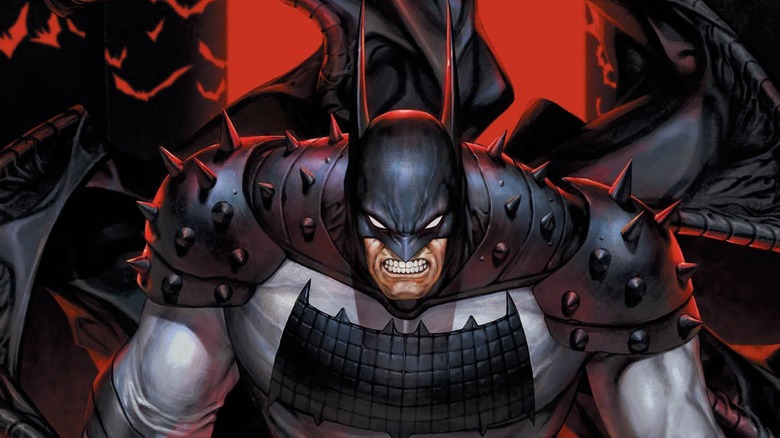Absolute Batman #1 variant cover with Batman in his costume grimacing against a red-black background