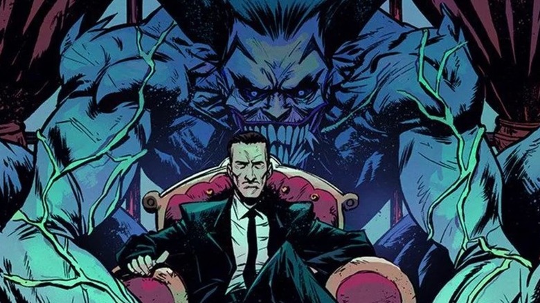 Absolute Batman #15 cover - Joker sitting in his human form with his monster form behind him