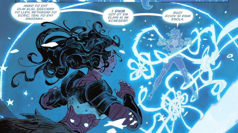 Absolute Wonder Woman #14 - Diana facing Zatanna and her backwards-speaking magic