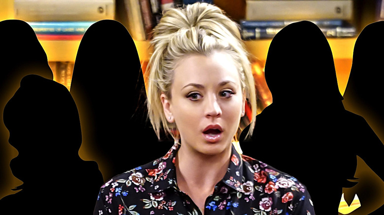 Penny looking shocked on The Big Bang Theory with five figures behind her
