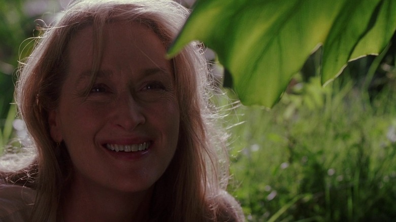 Susan Orlean (Meryl Streep), backlit by the sun in Adaptation, grinning at a plant