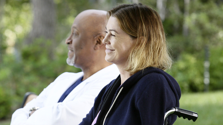 Ellen Pompeo smiling as Meredith Grey in Grey's Anatomy
