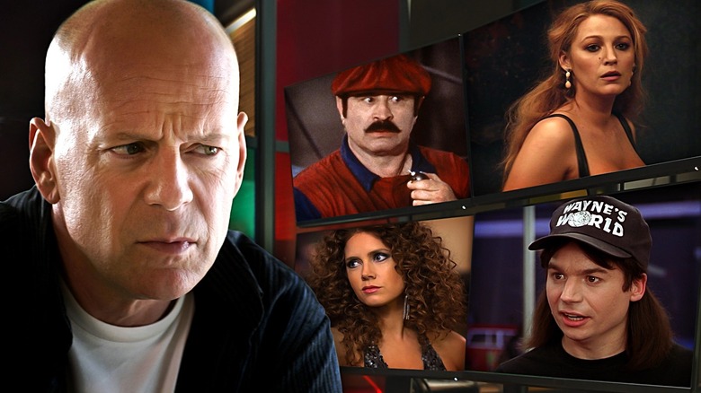 Bruce Willis as Jimmy in Cop Out next to pictures of Bob Hoskins as Mario in Super Mario Bros, Blake Lively as Lily in It Ends With Us, Amy Adams as Sydney in American Hustle, and Mike Myers as Wayne in Wayne's World