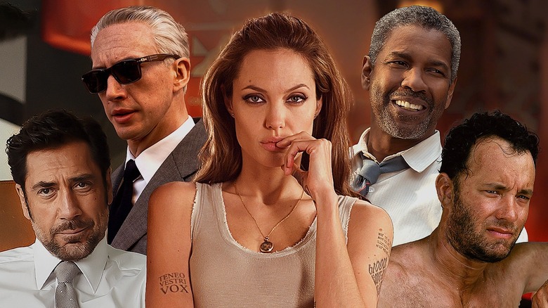 A collage of Javier Bardem, Adam Driver, Angelina Jolie, Denzel Washington, and Tom Hanks standing together