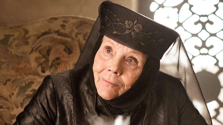 Diana Rigg as Olenna Tyrell gives a wry stare in Game of Thrones.