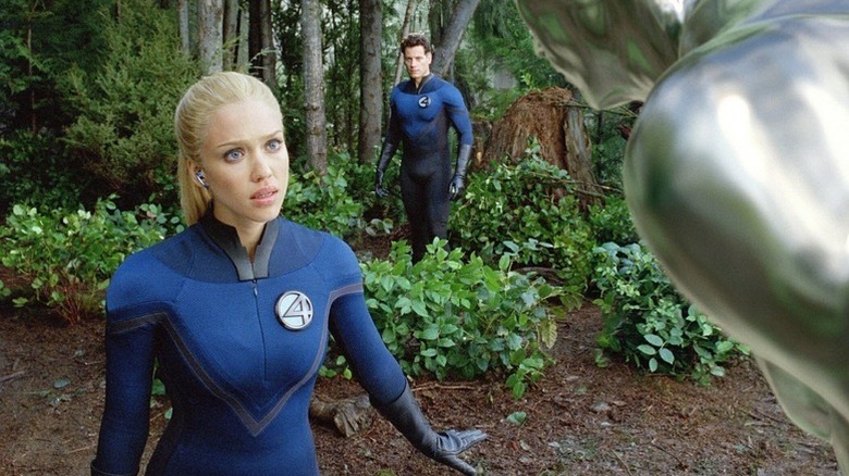 Jessica Alba as Sue Storm looks the Silver Surfer in the eye in Fantastic Four: The Rise of the Silver Surfer.