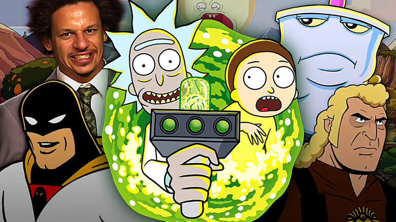 A collage of Rick Sanchez (Ian Cardoni) and Morty Smith (Harry Belden) in Rick and Morty, with Eric Andre in The Eric Andre Show, Master Shake (Dana Snyder) in Aqua Teen Hunger Force, Brock Samson (Patrick Warburton) in The Venture Bros., and Space Ghost (George Lowe) in Space Ghost: Coast to Coast.