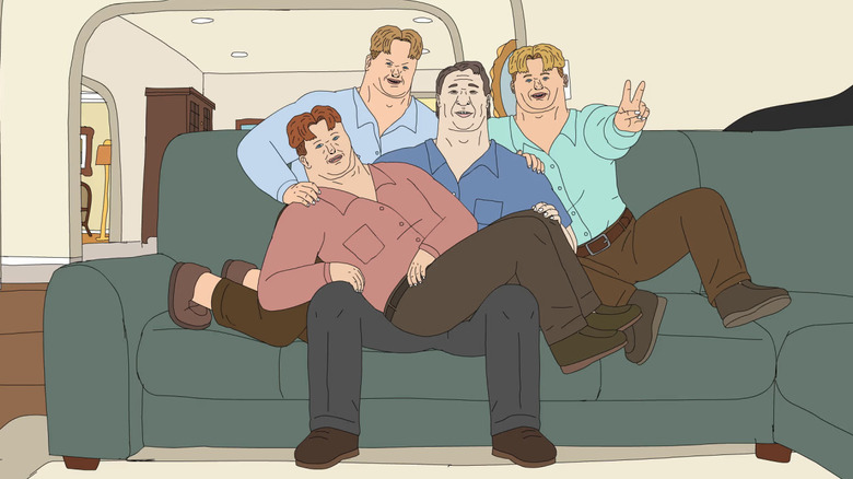 The Campbell Family posing on the couch in HAHA, You Clowns