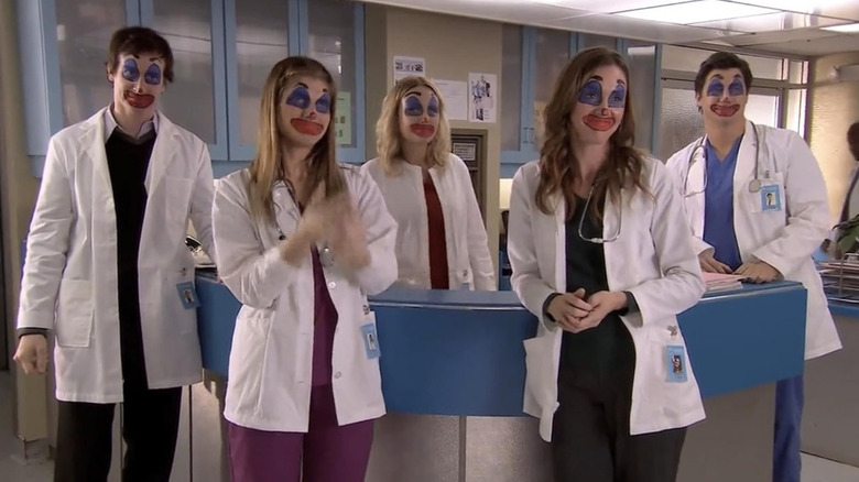 All of the non-clown doctors at Childrens Hospital wearing clown makeup on Childrens Hospital