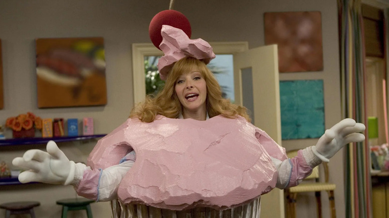 Valerie in a cupcake costume on the set of Room & Bored on The Comeback