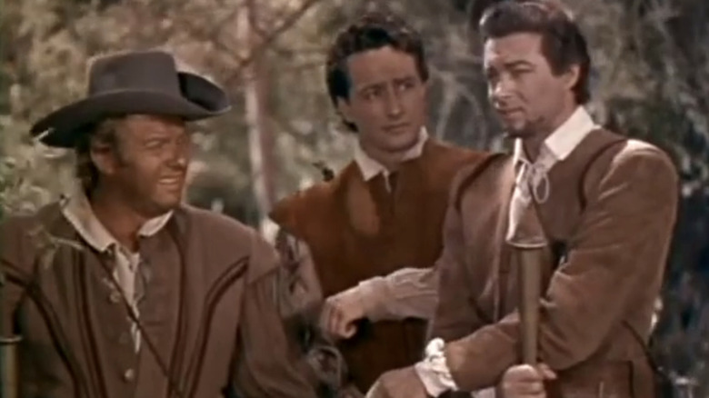 Anthony Dexter's Captain John Smith stands alongside Alan Hale Jr's Fleming and an Robert Clarke's John Rolfe in Captain John Smith and Pocahontas