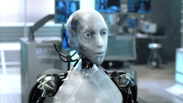 Sonny The Robot looks sad in the I, Robot Robot Laboratory