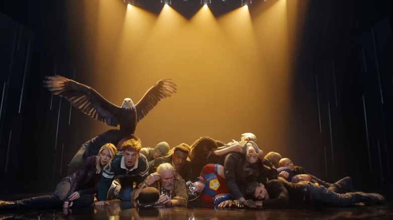 The cast of Peacemaker posing at the end of a dance routine