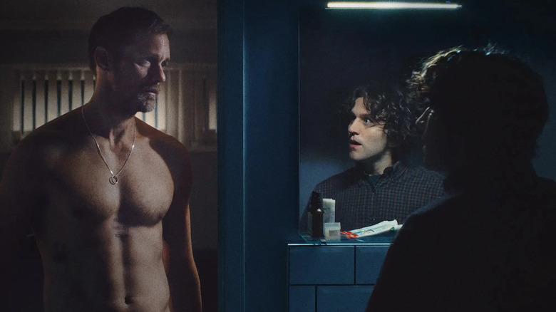 Alexander Skarsgard as Ray and Harry Melling as Colin in the bathroom in Pillion