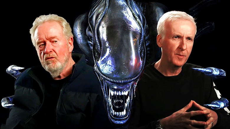 Alien's Xenomorph putting its claws around Ridley Scott and James Cameron