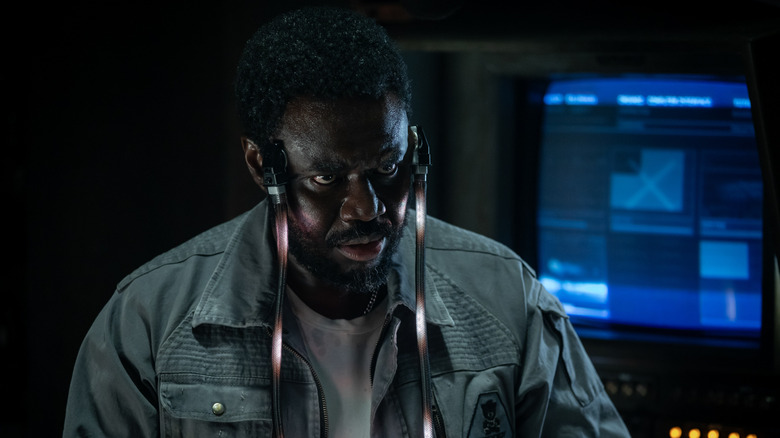 Morrow glowering with nodes hooked up to his cybernetic brain in Alien: Earth