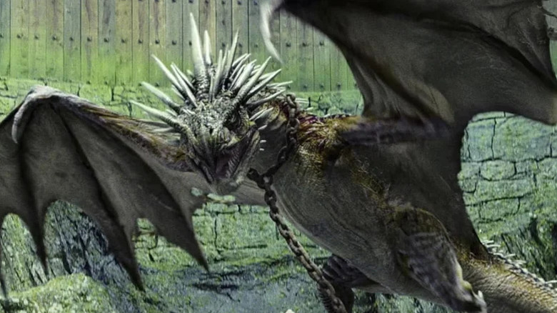 A chained Hungarian Horntail spreads its wings in Harry Potter and the Goblet of Fire
