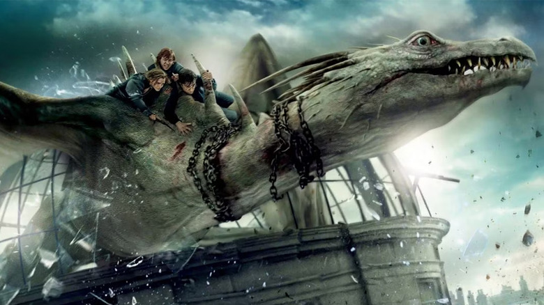 Harry, Hermione, and Ron escape from Gringotts on a Ukrainian Ironbelly in Harry Potter and the Deathly Hallows